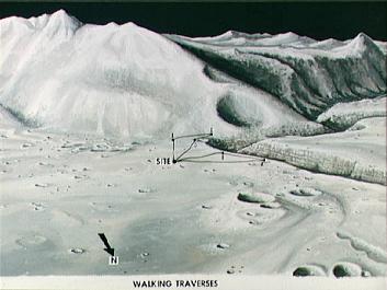 Künstlerisches Mondlandungskonzept von
                        Jerry Elmore für Apollo 15 Foto-Nr.: S71-33433:
                        Die "Mondlandschaft" der
                        "Mondlandung" mit eingezeichneten
                        Fusswegstrecken, falls das "Mondauto"
                        nicht funktionieren sollte.
