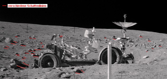 Apollo 16 Foto-Nr. AS16-110-17951:
                          Station 4, das "Mondauto" steht auf
                          einem Weg am Hang, Schattenchaos, Nahaufnahme