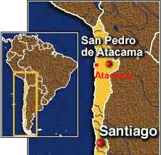 Carte avec la positino de San Pedro
                        d'Atacama et de Santiago de Chile