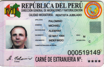 Auslnderausweis (Auslnderkarte) von
                          Michael Palomino in Peru 2008