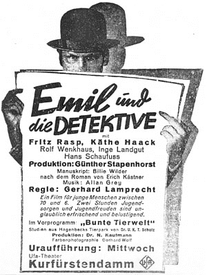 Erich Kstner,
                        Plakat der Film-Urauffhrung "Emil und die
                        Detektive" von 1931