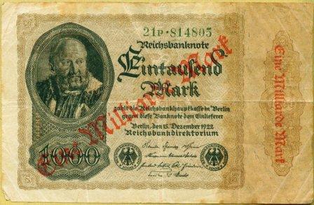 Banknote 1922 von 1000 Mark,
              berstempelt mit 1 Mio. Mark