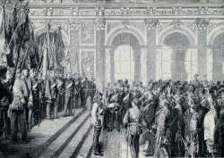 Emperor's proclamation in Versailles in
                        1871 with the proclamation of the "Second
                        German Empire" by emperor William I
                        (Wilhelm I.), wood engraving of 1878