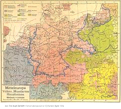 Sprachenverteilung, Vlker, Hausformen in
                        Mitteleuropa 1934, Karte / spread of languages,
                        peoples, house forms in Central Europe 1934,
                        map