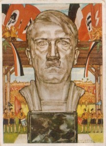Third Reich picture card of
                                    party convention with Hitler's bust
                                    at the stadium's entrance, 1934
