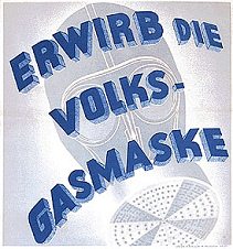 Poster of 3R "Purchase
                                      popular gas mask" (German:
                                      "Erwirb Volksgasmaske"),
                                      1942 appr.