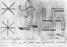 Hitler machte 1920 seine Entwürfe zu Hakenkreuzen (Swastikas) für die "heiligen Deutschen"