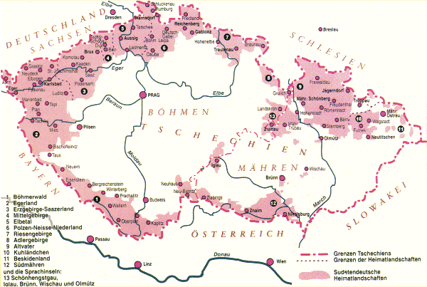 Karte der 1919
                            tschechisch besetzten Sudetenlnder,
                            beschriftet