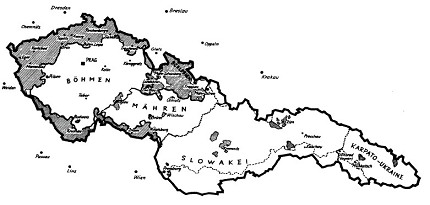 Karte mit Tschechien und den besetzten
                            Gebieten des Sudetenlands