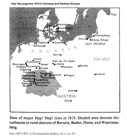 Hep Hep pogroms of 1819 in Germany and Northern
                  Europe, map