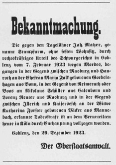 Anzeige der Vollstreckung einer
                          Todesstrafe durch Kpfen aus dem Jahre 1923
                          aus der Weimarer Republik. Auch nach 1918
                          wurde weiter gekpft... [8]