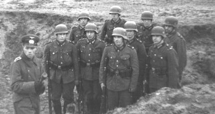 German helmets of the Wehrmacht with the
                        protection of ears and neck, example of a hand
                        grenade course