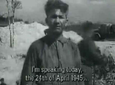 Here a person is speaking presenting
                            himself as a medical doctor Mister Fed
                            Little (Fritz Klein), and he says that this
                            day would be April 24, 1945 standing before
                            the mass grave (15min. 54sec.)