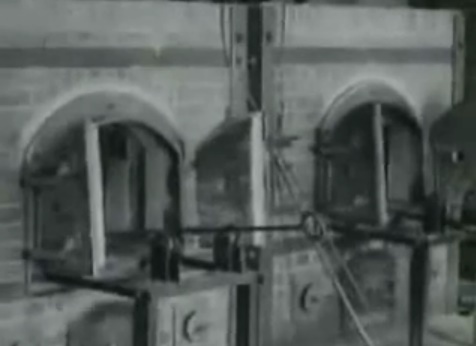 This
                crematory is shown in the film to be in Dachau, with
                single muffle furnaces (35min. 20sec.)