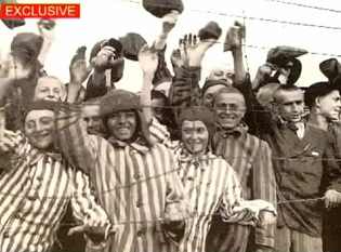 Liberacin de Bergen-Belsen,
                                detenidos bien alimentados con uniformes
                                "cebra" y con gorros en un da
                                fro del abril 1945, 15 de abril 1945