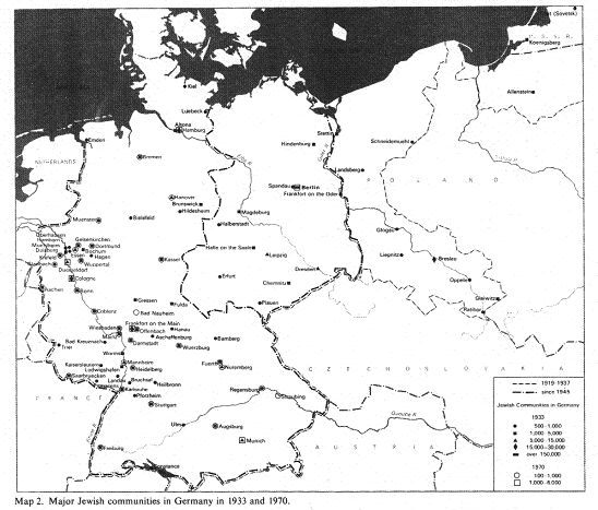 Encyclopaedia Judaica (1971): Germany, vol. 7,
                    col. 487-488. Map of the major Jewish communities in
                    Germany in 1933 and 1970.