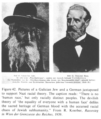 Encyclopaedia Judaica (1971), vol. 8,
                              col. 737: comparison between eastern Jew
                              and German man. Pictures of a Galician Jew
                              and a German juxtaposed to support Nazi
                              racial theory.