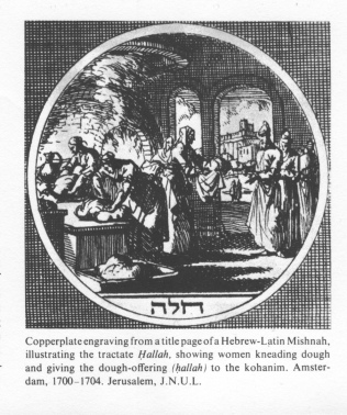 Encyclopaedia Judaica (1971): Halle, vol. 7,
                    col. 1196. Copperplate engraving from a title page
                    of a Hebrew-Latin Mishnah, illustrating the tractate
                    "Hallah", showing women kneading dough and
                    giving the dough-offering (hallah) to the kohanim
                    [[priestly families]]. Amsterdam, 1700-1704.
                    Jerusalem, J.N.U.L.