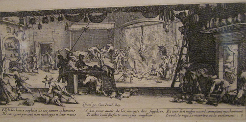 Jacques Callot ber Kriegsverbrechen im
                          30-jhrigen Krieg: Die Verbrennung,
                          Nahaufnahme