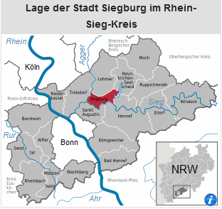 Karte des heutigen Sieg-Kreis mit Kln, Siegburg und
              Bonn