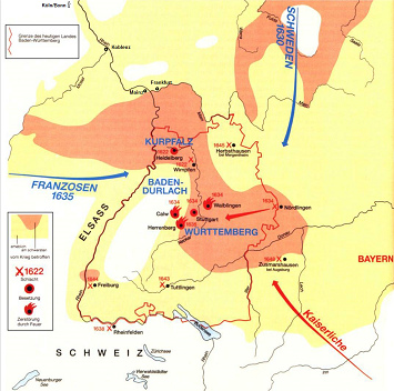 Karte mit den Schwedenkriegen von Mitteldeutschland
                bis Baden-Wrttemberg 1630 und 1635