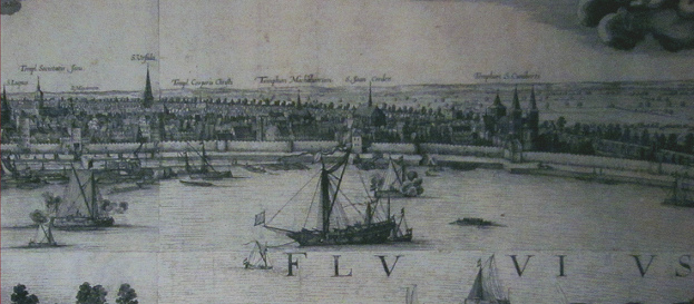 Das Convoy-Schiff vor Kln auf der Radierung von
                Wenzel Hollar von 1635