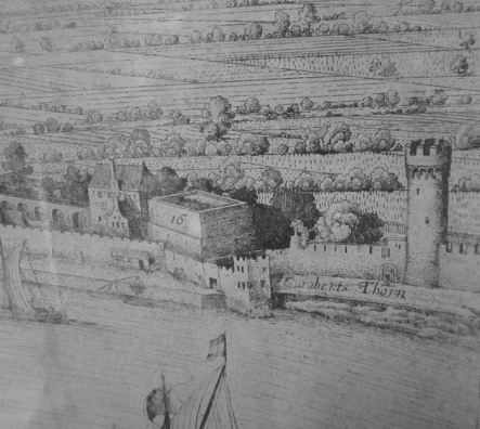 Der Kunibertsturm von Kln mit dem Bollwerk aus dem
                Dreissigjhrigen Krieg, auf der Radierung von Wenzel
                Hollar von 1635