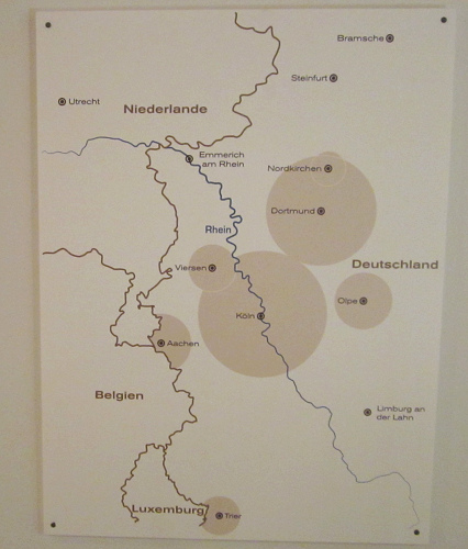 Karte mit der Verbreitung der Klner Decke in Kln,
                Aachen, Dortmund, Viersen, Nordkirchen, Trier, Limburg
                an der Lahn, Emmerich, Steinfurt, Bramsche und in
                Holland in Utrecht