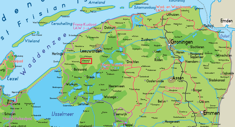 Karte von Nord-Holland mit dem
              hollndischen Friesland und Wiewerd (hollndisch:
              Wieuwerd)