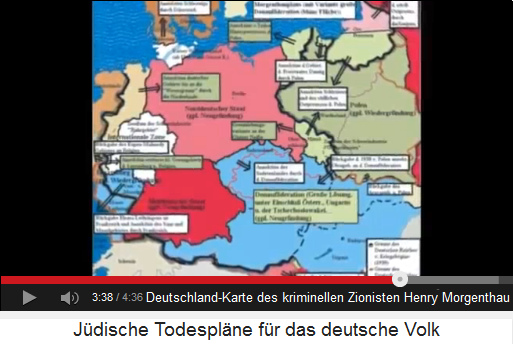 Karte des kriminellen Zionisten
                                Morgenthau mit einem Nordstaat
                                Deutschland, einem Sdstaat Deutschland,
                                eine internationale Zone (Ruhrgebiet)
                                und Abtretungen von Gebieten an Holland,
                                Frankreich, Tschechien, Polen und
                                Dnemark.