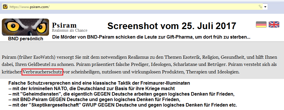 BND-Psiram will
                              "Verbraucherschutz" sein - oh
                              weh! Mobbing, Hetze und Rufmorde passen
                              aber nicht zum
                              "Verbraucherschutz"!!!