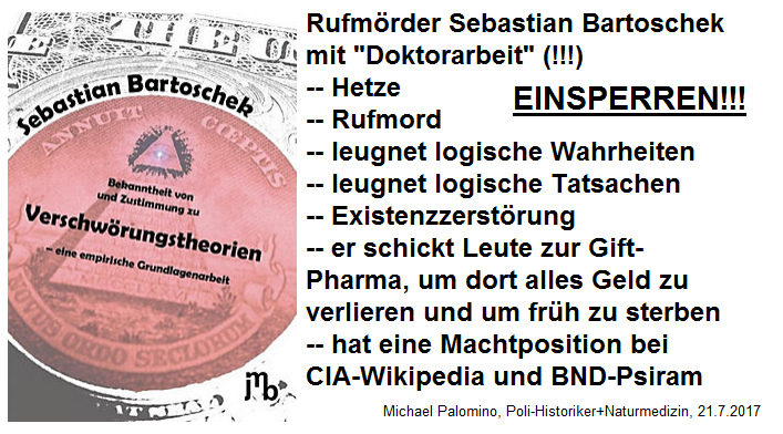 Doktorarbeit von Dr. Rufmrder Sebastian
                  Bartoschek, das ist reinste Volksverhetzung, denn
                  viele "Verschwrungstheorien" sind gemss
                  seiner eigenen Aussage WAHR