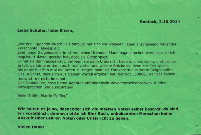 GEMA-Spionage gegen Geigenschülerin in
                        Hamburg, Rundschreiben vom Oktober 2014