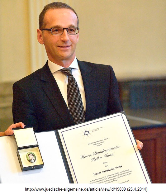 Heiko Maas 2014 mit Jacobsen-Preis mit
                            dem zionistischen Hexagramm
                            (Rothschildstern, "Judenstern")
