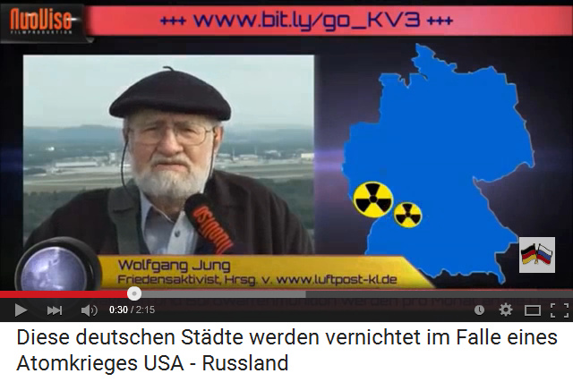 Friedensaktivist
                      Wolfgang Jung schildert NATO-Basen in
                      Merkel-Deutschland, die im Falle eines Atomkriegs
                      um Europa bombardiert werden