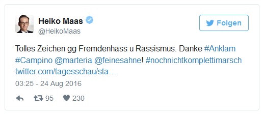 Der kriminell-zionistische Justizminister Heiko
              Maas lobt die linksradikale, verfassungsfeindliche
              Rockgruppe "Feine Sahne Fischfilet", 24.8.2016:
              "Tolles Zeichen gg. Fremdenhass und Rassismus.
              Danke"