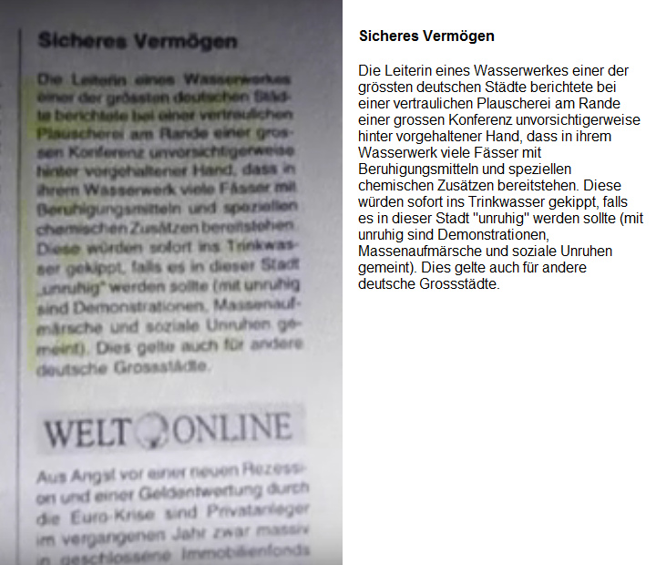 Merkel-DDR (Deutschland):
            Trinkwasser wirt mit Beruhigungsmitteln vergiftet, um die
            Bevlkerung "ruhigzustellen"