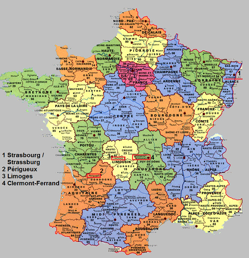 Strasbourg and the important towns in Vichy France
                1940-1944: Prigueux (2), Limoges (3) and
                Clermont-Ferrand (4)