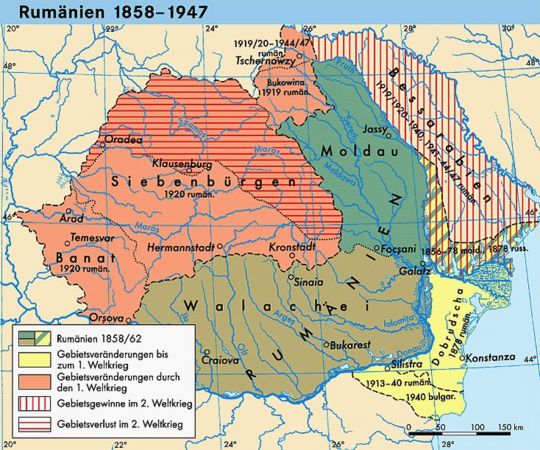 Karte von Rumnien 1920 mit den
                ehemals ungarisch regierten Teilen Siebenbrgen (mit
                vielen Ungarn und Deutschen) und mit dem Banat (mit
                vielen Ungarn, Deutschen und Serben)