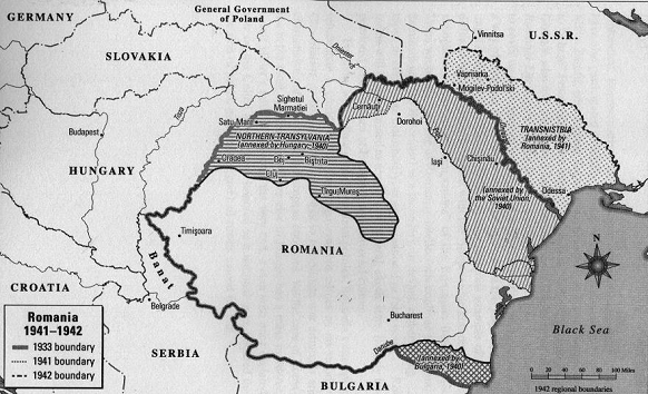 Karte von Rumnien September 1940 ohne
                  Nord-Siebenbrgen (an Ungarn) und ohne Bessarabien (an
                  Russland) und ohne Sd-Dobrudscha (an Bulgarien)