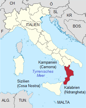 Map 1: Map of
                        contaminated Italy with the mafia Camorra in
                        Campania, and with the mafia Ndrangheta in
                        Calabria