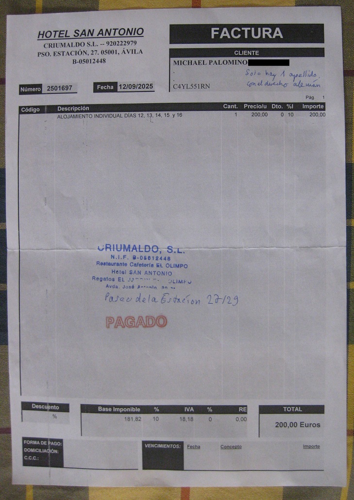 Avila, Hotel "San Antonio",
                  die Quittung f�r den Aufenthalt vom 12. bis 16. mit
                  dem Verlassen des Hotels am Morgen des 17.Septembers
                  -- und da ist auch noch eine falsche Adresse im
                  Stempel angegeben