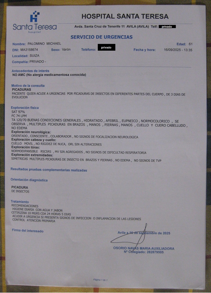 Certificado médico sobre las picaduras en el
hospital "Santa Teresa" de Ávila,
16-09-2025 Certificado médico sobre las
picaduras en el hospital "Santa Teresa" de
Ávila, 16-09-2025