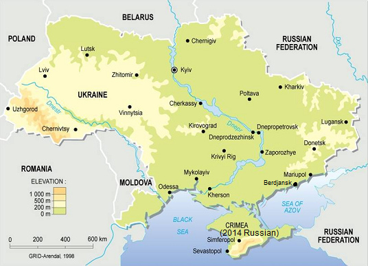 Karte der
                  Ukraine mit Mariupol rechts unten am Asowschen Meer