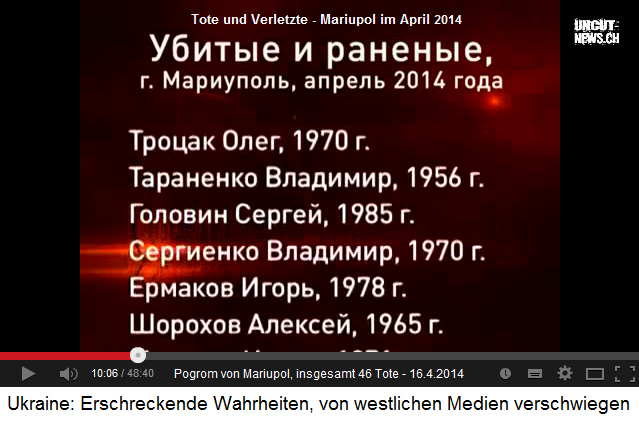 Pogrom von Mariupol,
                  ein Auszug aus der Namenliste mit Toten und Verletzten
                  vom 16. April 2014