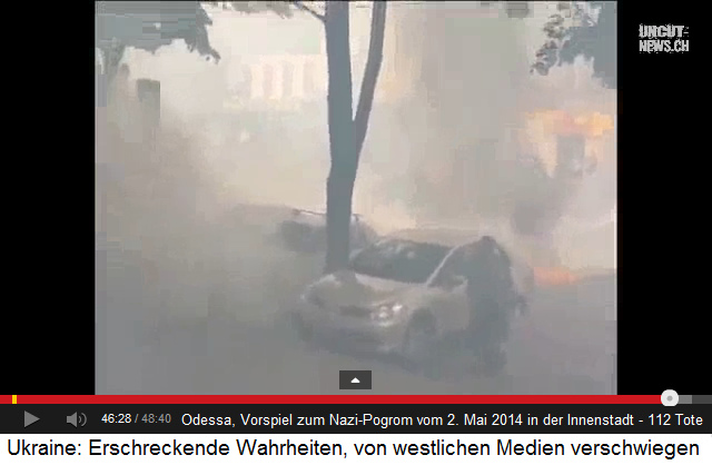 Pogrom in Odessa vom 2.5.2014, auf der
                        Strasse hat sich eine Feuerstelle entwickelt