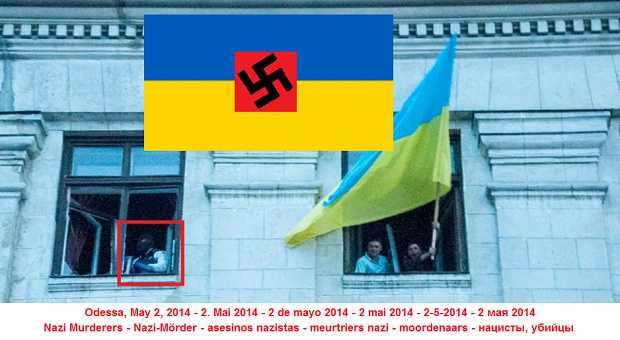 Die
                    ukrainischen Nazi-Mrder hiessen im
                    Gewerkschaftshaus von Odessa die ukrainische Flagge