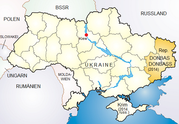 Karte der
                    Ukraine mit der Republik Donbass und der seit 2014
                    russischen Krim, die vor der ethnischen Suberung
                    gerettet wurde