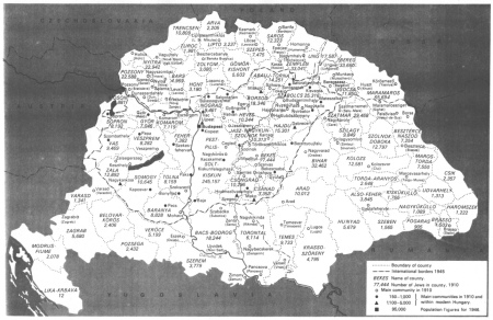 Encyclopaedia Judaica (1971): Hungary, vol. 8,
                  col. 1093-1094. Map of Hungery in 1910 with the
                  numbers of Jews according to the counting of 1910