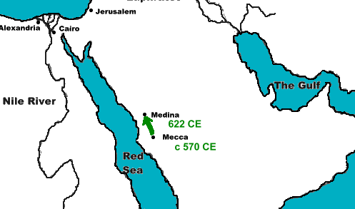 Karte mit der Auswanderung des
                          Fantasie-Muhammad nach Medina 622